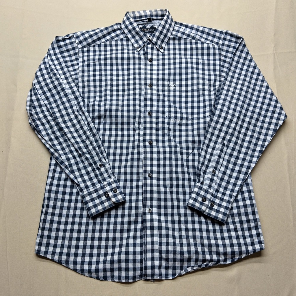 Ariat Pro Series Mens Medium Blue White Gingham Long Sleeve Button Down Shirt